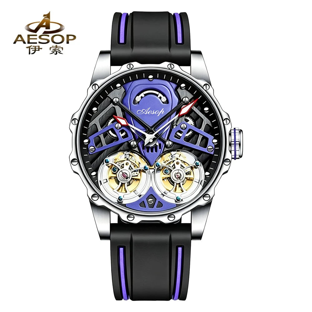 Double Flywheel Tourbillon Mechanical Watch Hollow Skeleton Glow Wristwatch