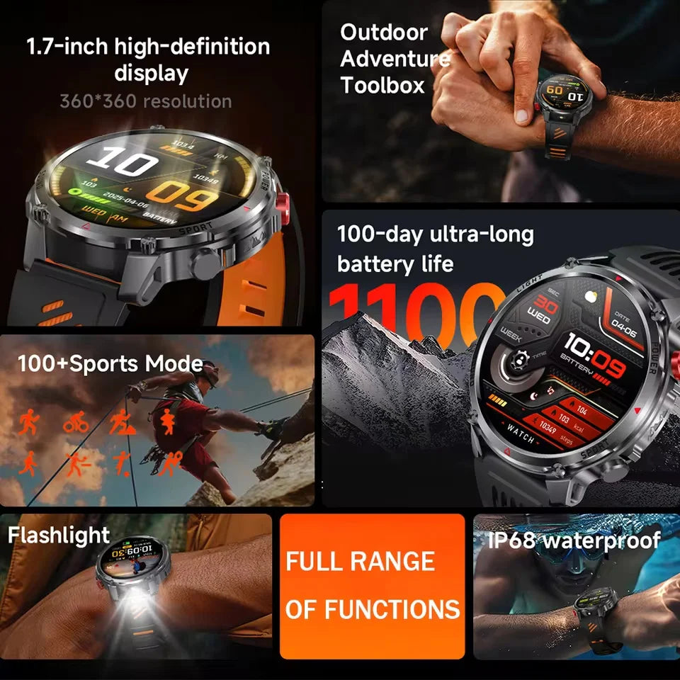 Military Tactical Smartwatch 5ATM GPS 1100mAh Bluetooth Call Men