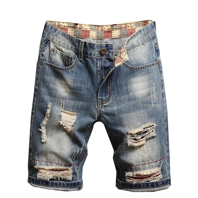 Ripped Blue Denim Shorts Casual Pockets Patch Shorts