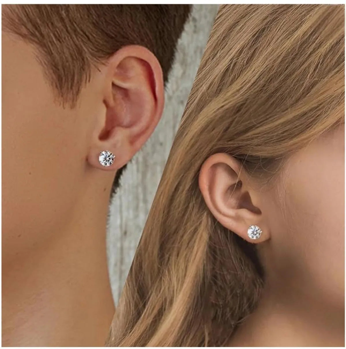 Close-up of two people wearing diamond stud earrings.