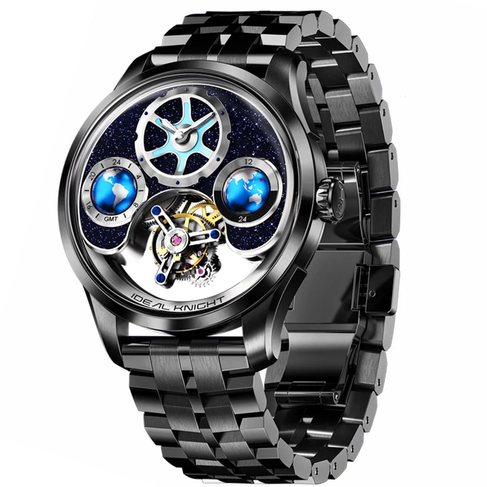 Tourbillon Automatic Watch Dual Time Zone Casual Quality