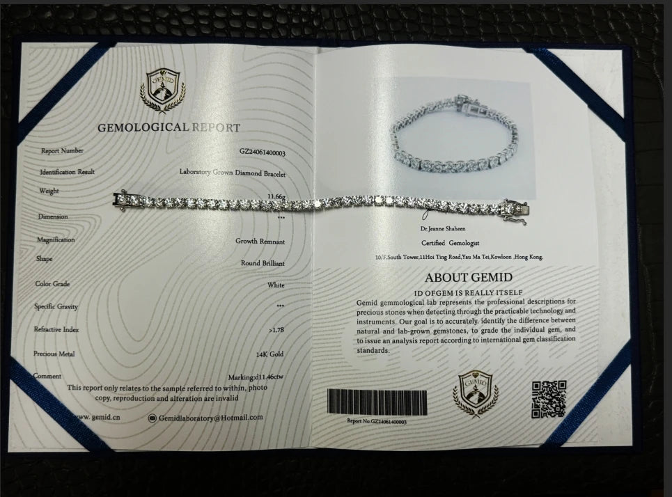 Gemological report for a diamond bracelet with detailed information and images.