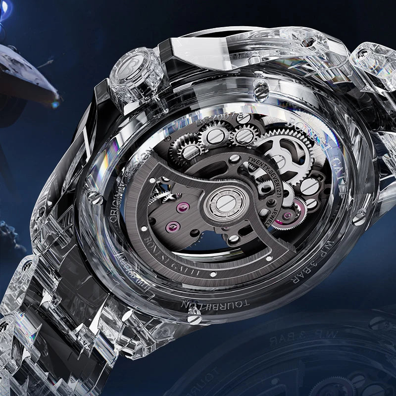 Luxury watch with transparent case and visible mechanical components on a dark background