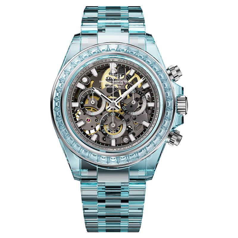 Automatic Mechanical Watch Transparen Crystal Rainbow Bezel Chronograph 30M Waterproof
