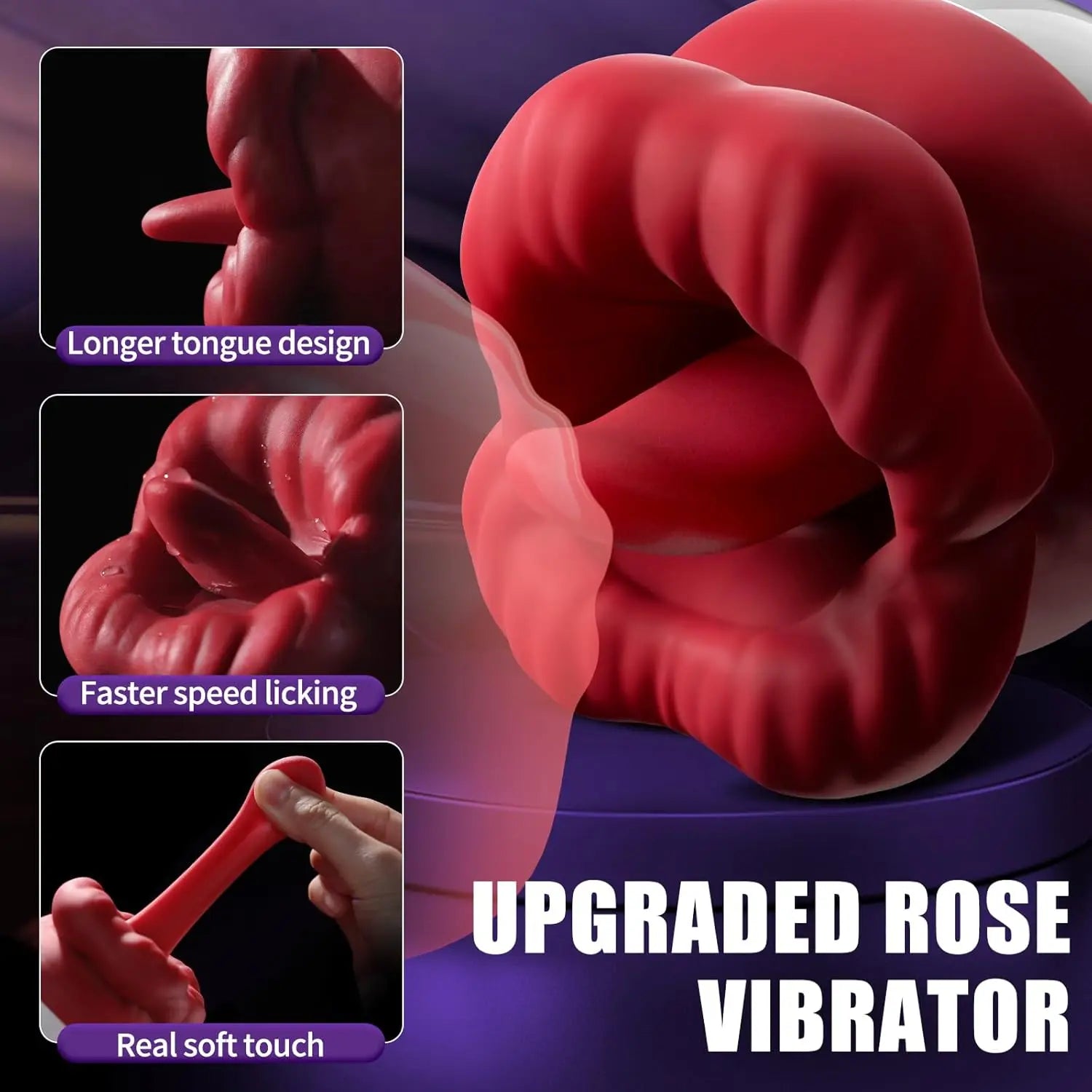 Upgraded rose vibrator with features highlighted on a dark background