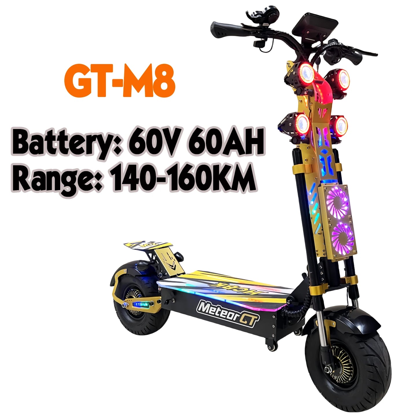 Electric scooter with 'GT-M8' branding and specifications on a white background