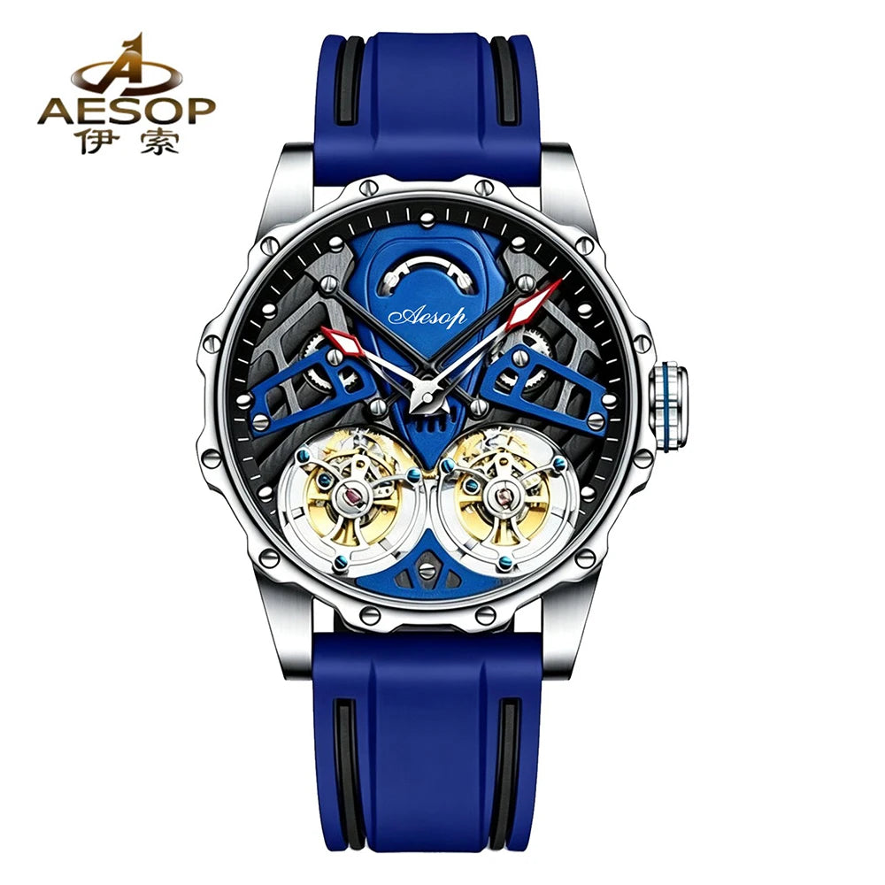 Double Flywheel Tourbillon Mechanical Watch Hollow Skeleton Glow Wristwatch