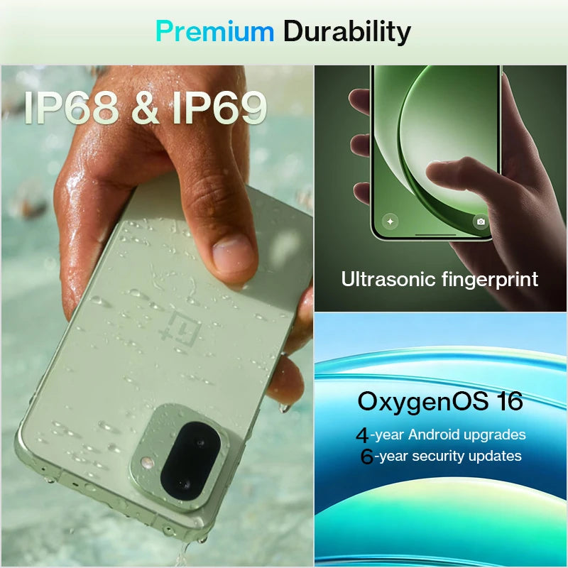 Phone case with water resistance and fingerprint recognition features, along with OxygenOS 16 information.