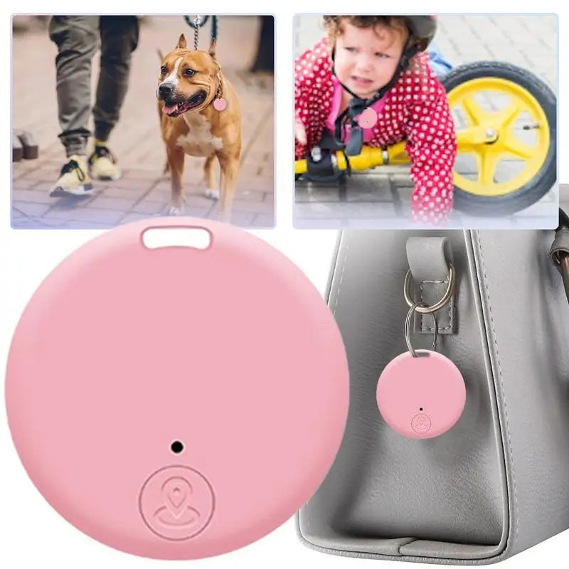 Pink device with a tag on a bag, surrounded by images of a dog, child, and wheel.
