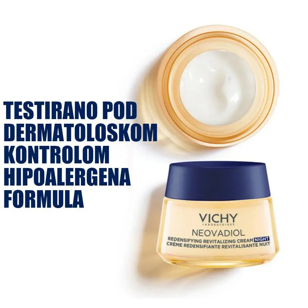 Vichy Neovadiol cream jar with open lid on a white background