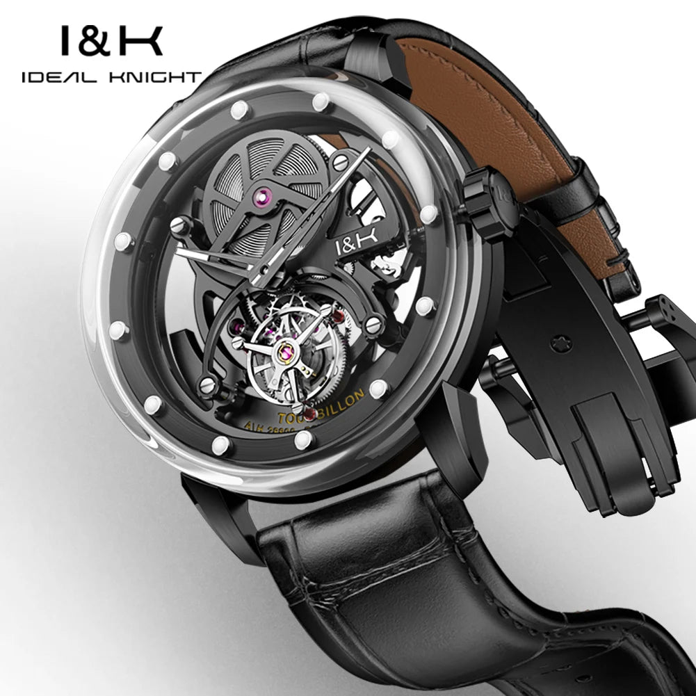 IDEAL KNIGHT Real Tourbillon Watches for Men High-end Luxury Transparent Hollowed Fully Automatic Mechanical Wristwatch 6809