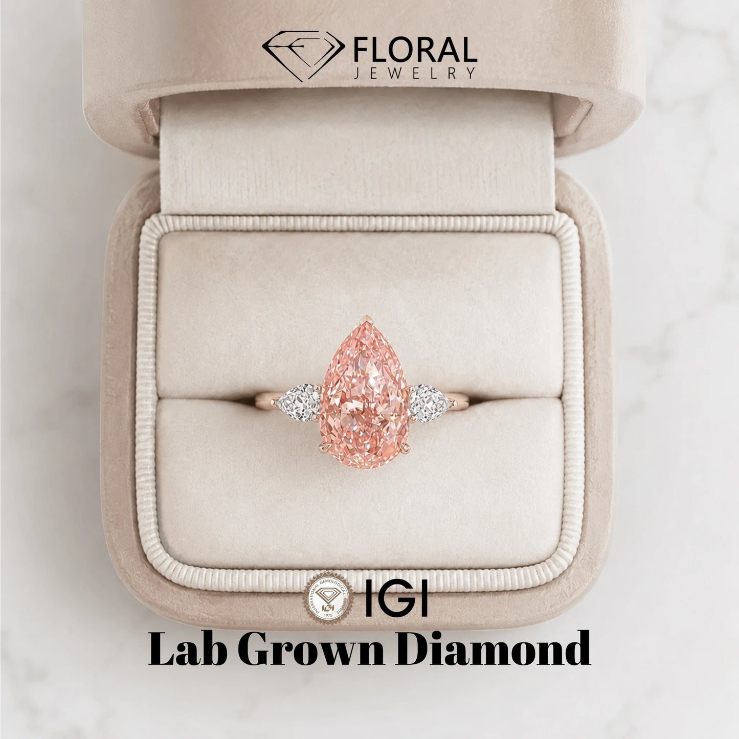 FLORAL IGI 10.5ct Pear Cut Pink VS1 Lab Grown Diamond CVD 18k Certified Pure Gold Engagement Ring Three Stone Laboratory Diamond