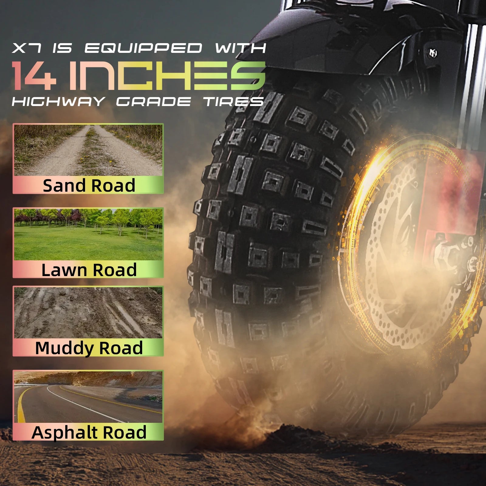 Tire on a vehicle with text about tire size and road conditions.