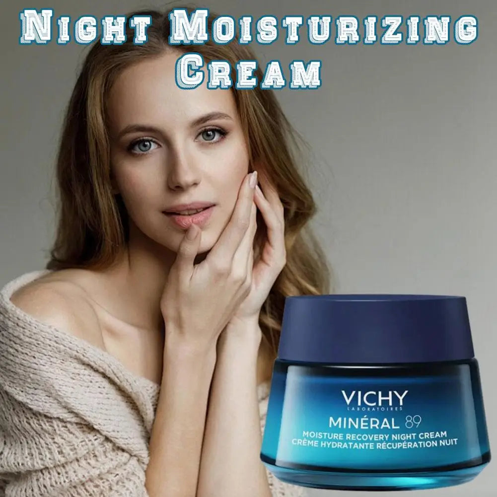 Vichy night moisturizing cream with a woman applying it to her face.
