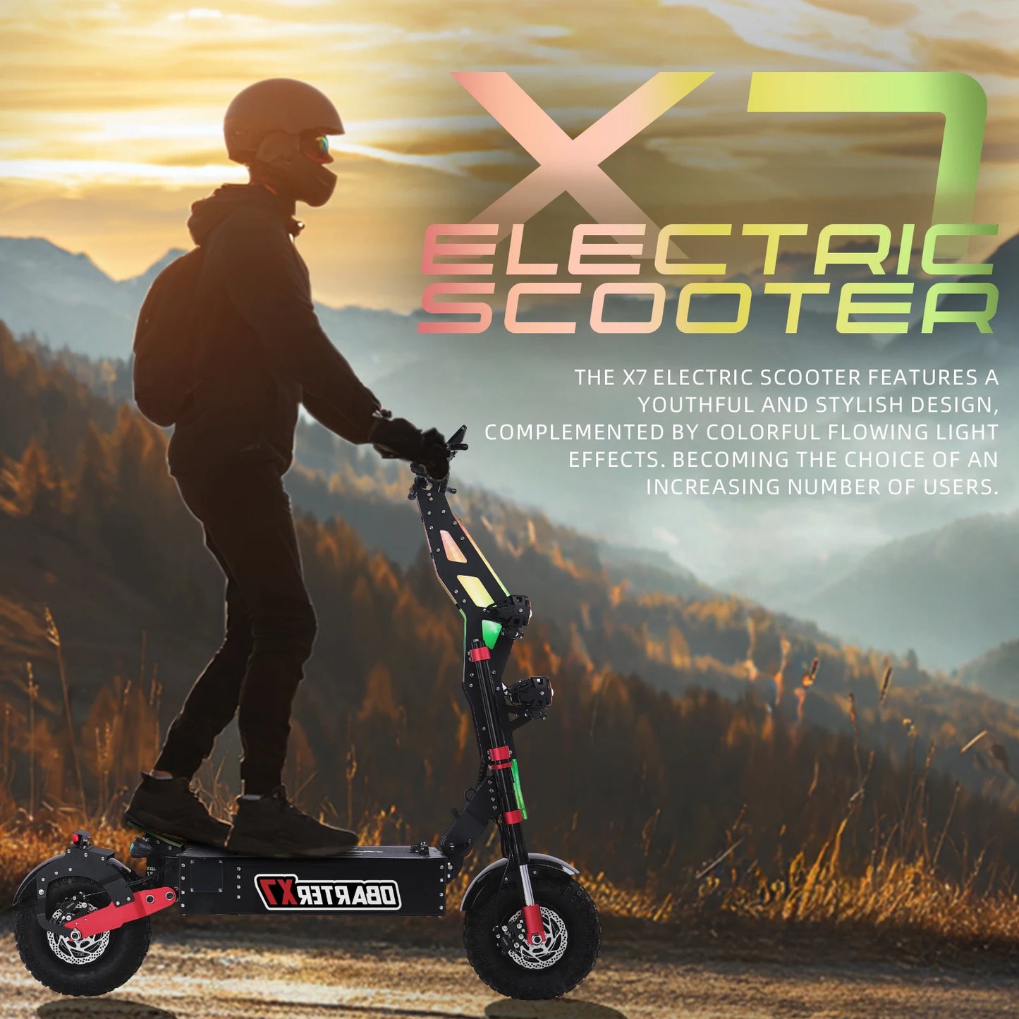 Person riding an electric scooter with scenic mountains in the background