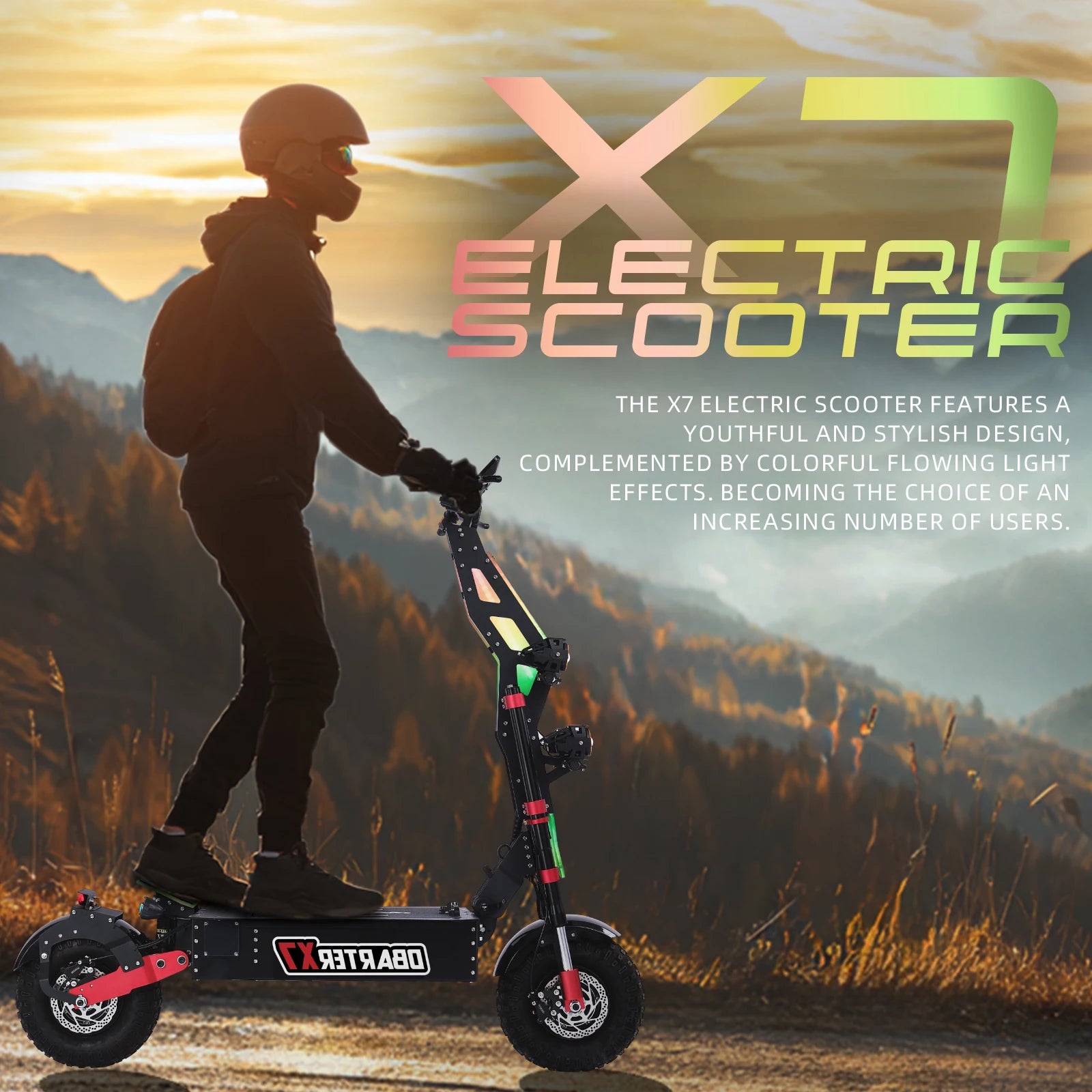 Person riding an electric scooter with scenic mountains in the background