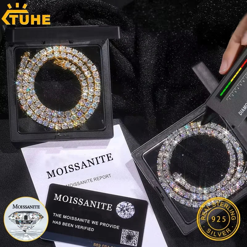 TUHE Unisex Moissanite Tennis S925 Necklace VVS1 Moissanite Tennis Chain S925 Silver For Men Women Gift Pass Diamonds Test - Teglex
