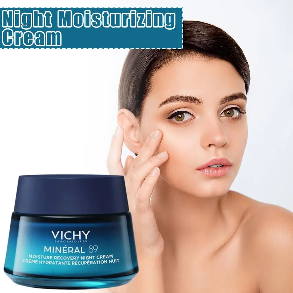 Vichy Mineral 89 Night Moisturizing Cream with a woman applying it to her face.