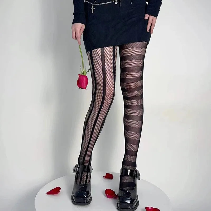 Stripe Asymmetric Gothic Fishnet Pantyhose Lace Tights