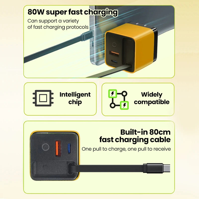 80W Super Fast USB-C Charger Telescopic Cable LED