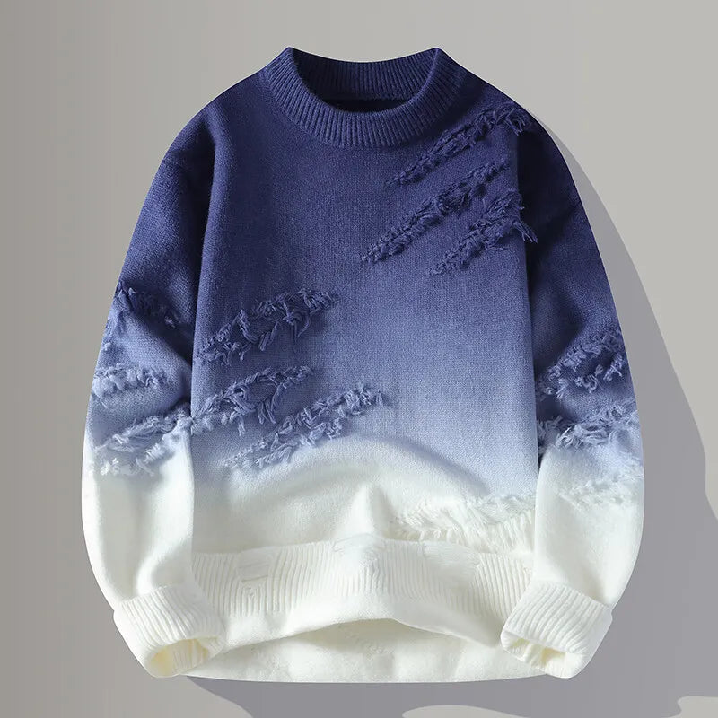 Blue and white sweater with lace details on a gray background