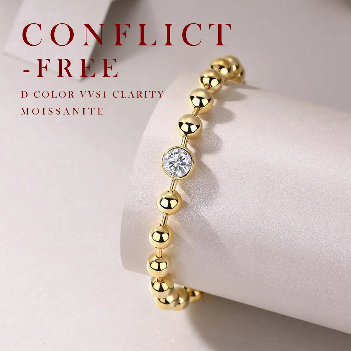 Moissanite Beaded Bracelet 18K Gold Plated S925