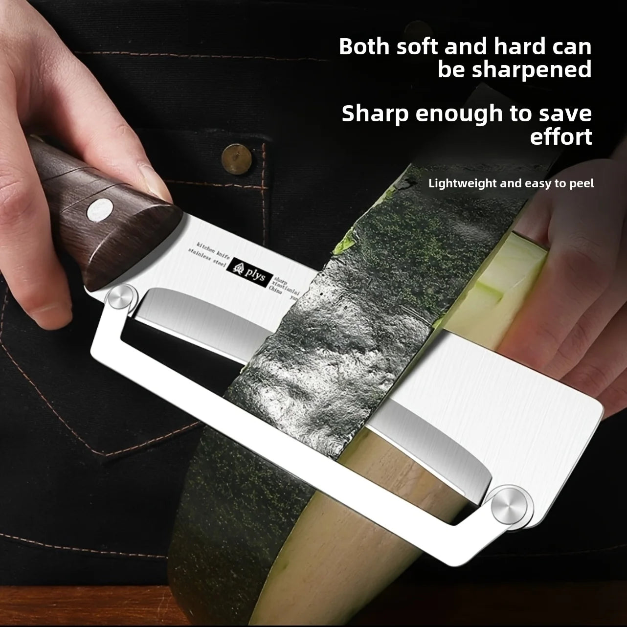 Peeler being used to cut a piece of green vegetable with text about its features.