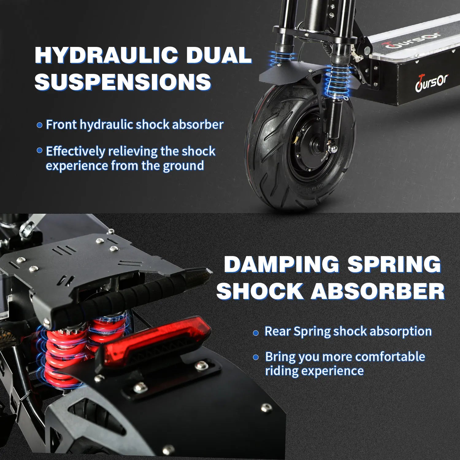 Close-up of a scooter's suspension system with text explaining hydraulic dual suspensions.