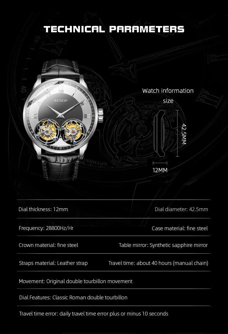 Double Tourbillon Manual Mechanical Watch 40H Power Reserve Sapphire Crystal Watch