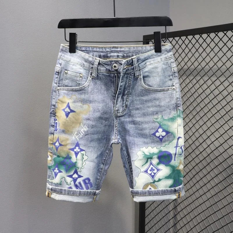 Men's Plus Size Printed Stretch Denim Shorts
