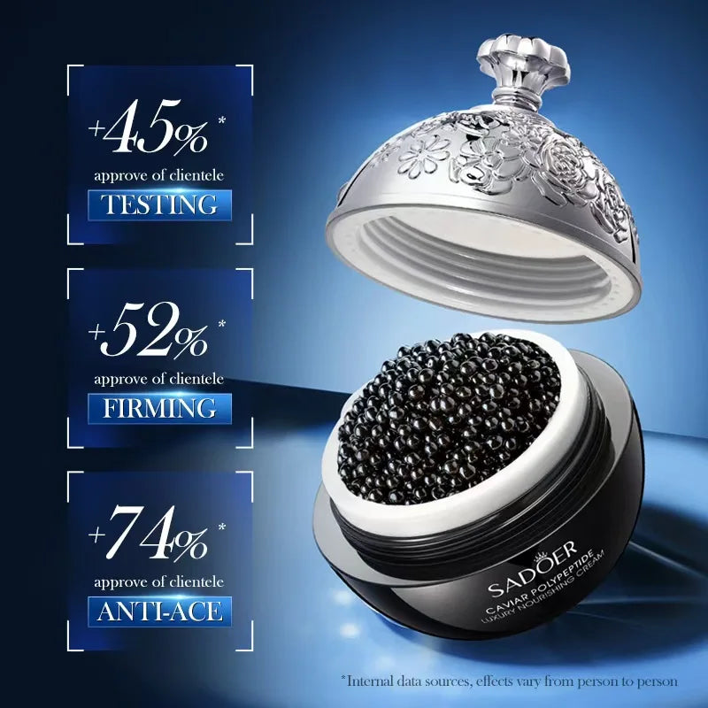 Caviar product with decorative lid on a blue background, featuring approval percentages.