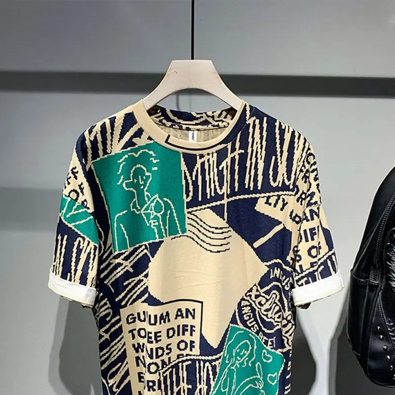 Patterned t-shirt on a hanger against a neutral background