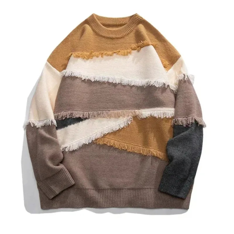 Patchwork Fringe Knit Pullover | Round Neck Sweater