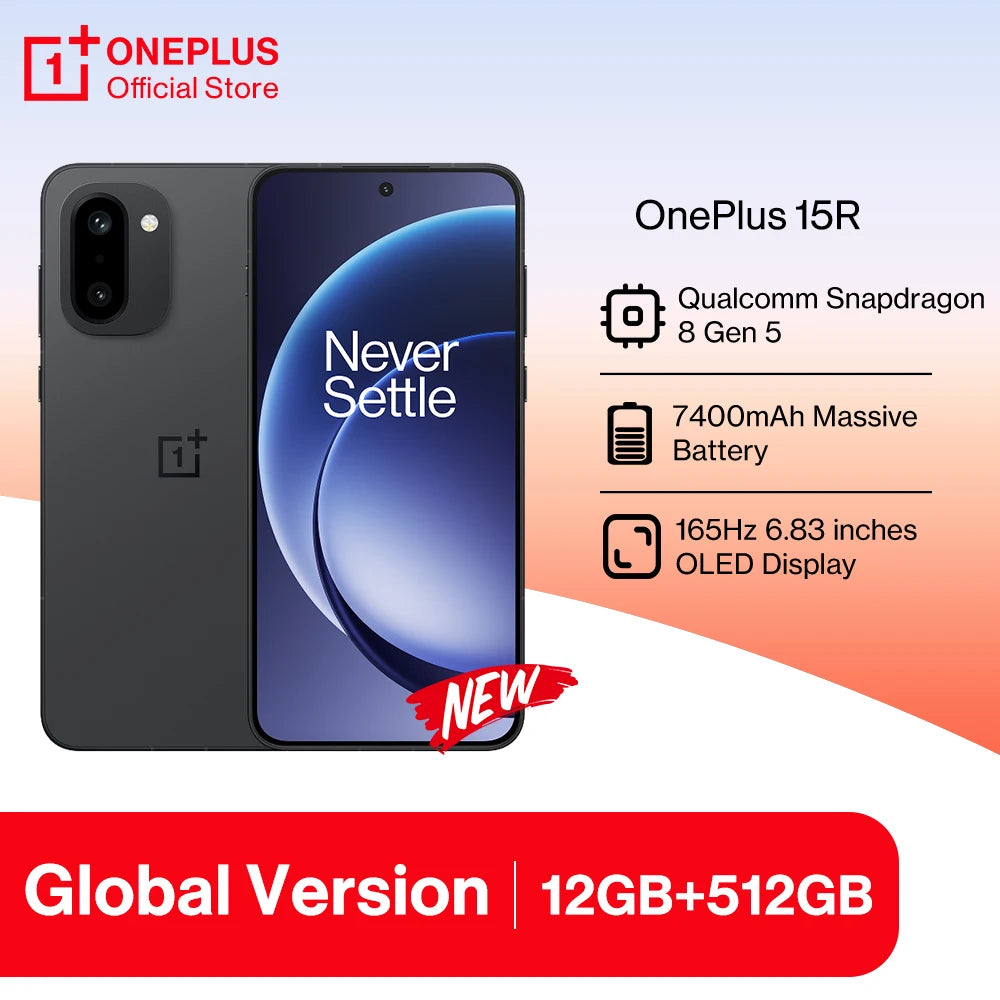 OnePlus 15R smartphone with specifications on a gradient background