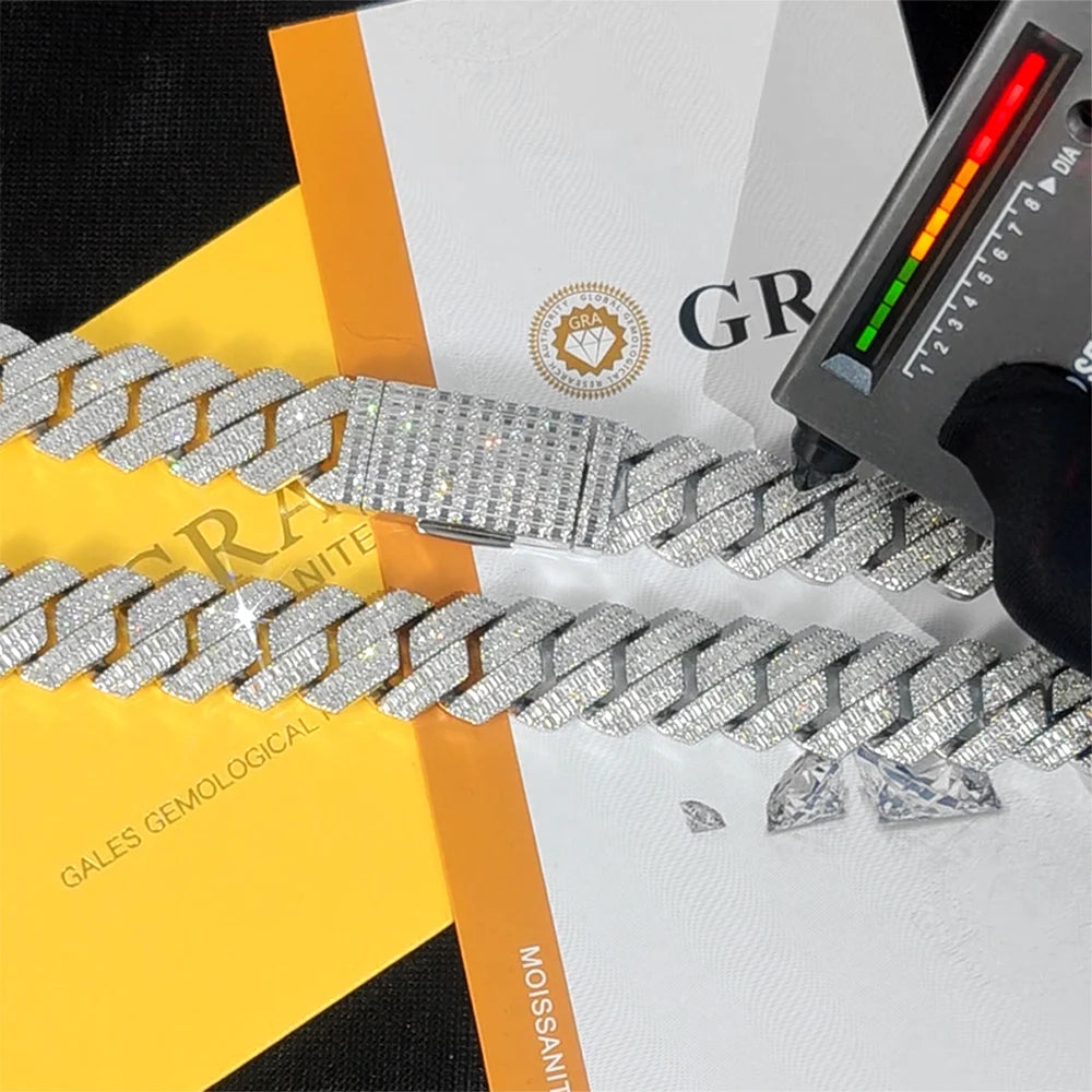 VVS Moissanite 20mm 2 Rows Cuban Chain Rectangle Diamonds 100% 925 Silver Cuban Necklace with GRA Certificate Jewelry