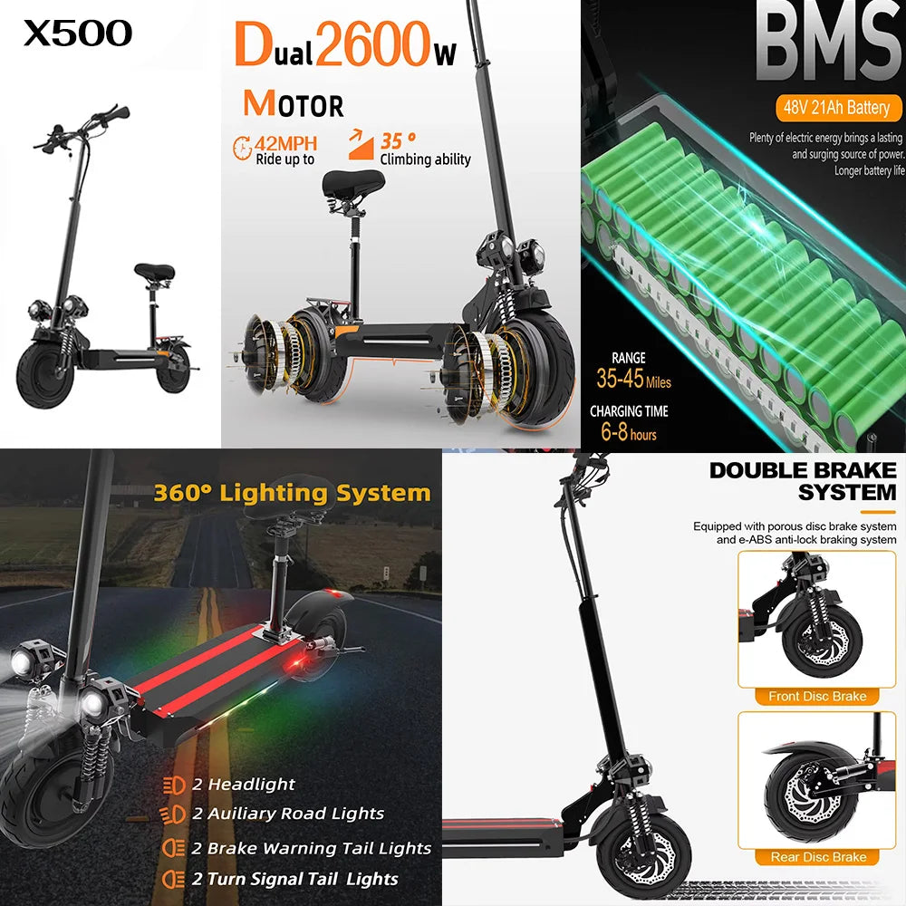 Electric scooter features including dual motor, battery pack, lighting system, and brake system.
