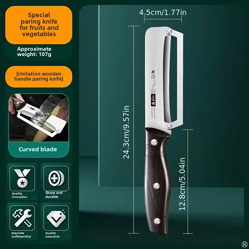 Paring knife with measurements and features on a green background