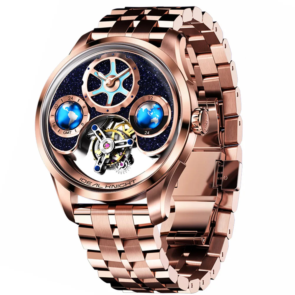 Tourbillon Automatic Watch Dual Time Zone Casual Quality