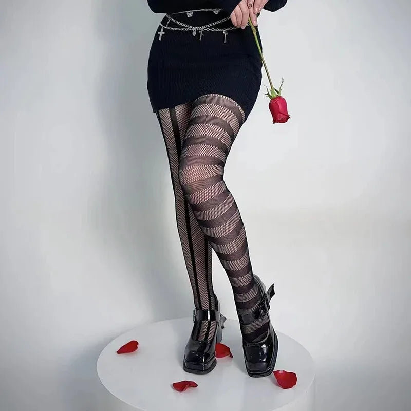 Stripe Asymmetric Gothic Fishnet Pantyhose Lace Tights
