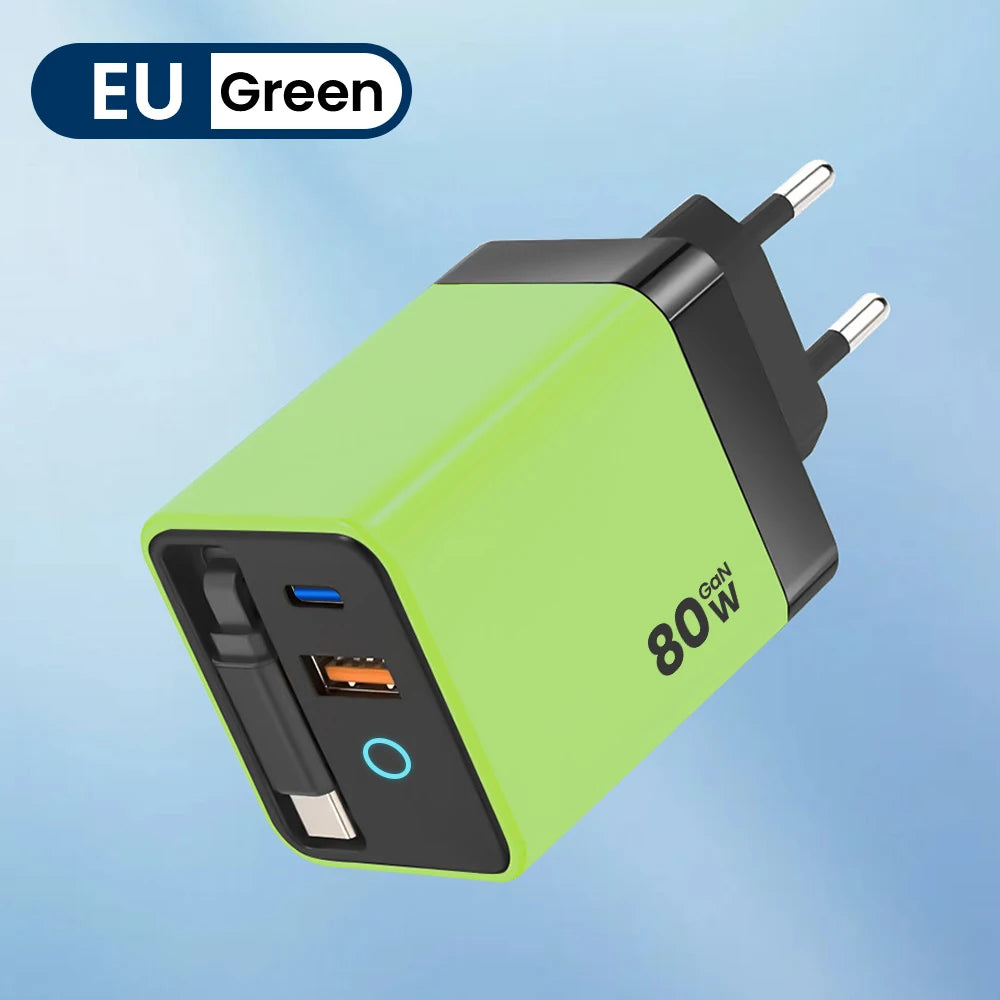 80W Super Fast USB-C Charger Telescopic Cable LED