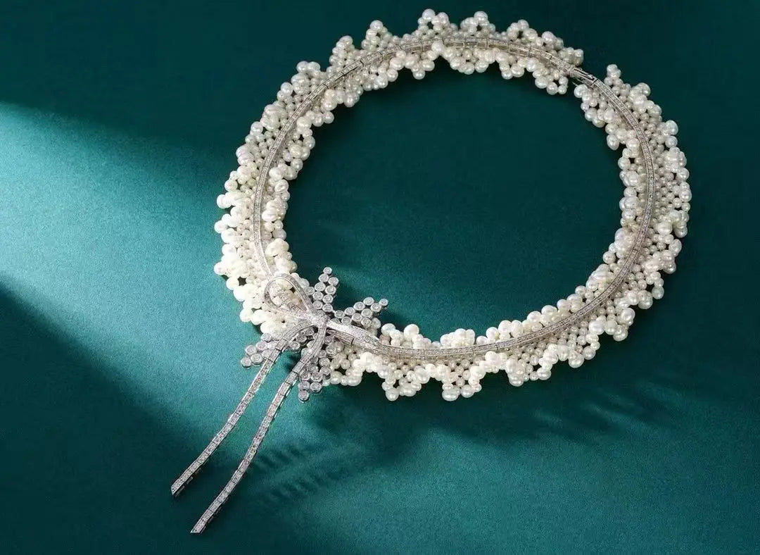 8.96ct Diamond Pearl Necklace 18K White Gold Women's