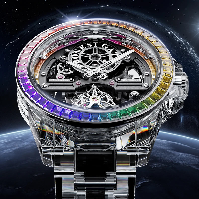 Luxury watch with transparent case and rainbow-colored bezel against a space-themed background