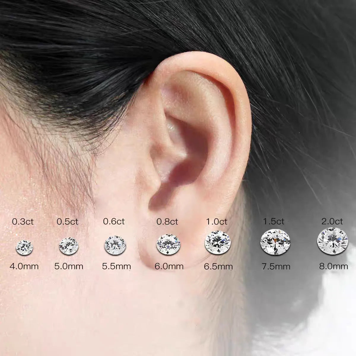 Close-up of an ear with diamond earrings and a scale indicating carat weight and size.