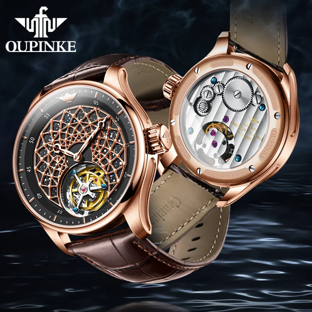 Two QUPINKE luxury automatic skeleton wristwatches with rose gold cases and brown leather straps, displayed against a dark water background. One watch is shown from the front with a black dial and visible tourbillon, and the other is shown from the back with an open case revealing the intricate mechanical movement.