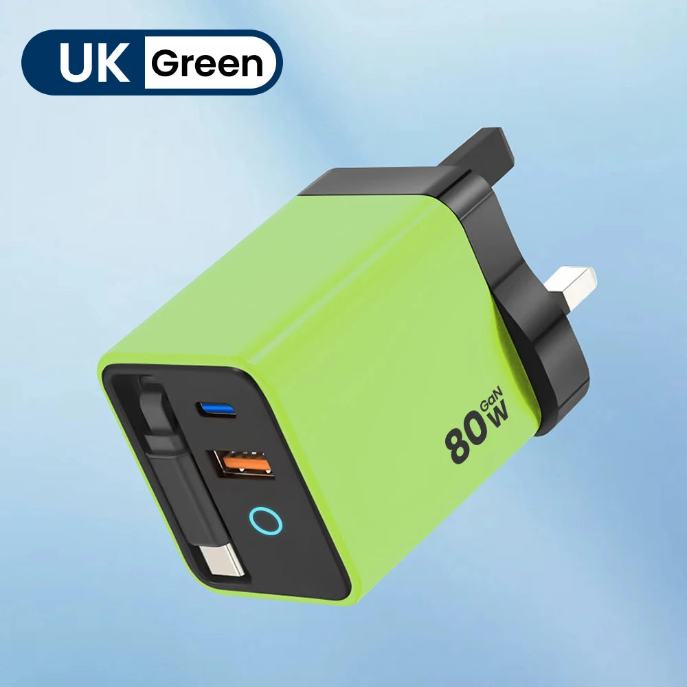 80W Super Fast USB-C Charger Telescopic Cable LED