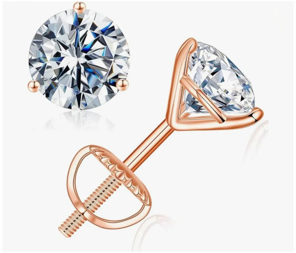 Rose gold stud earrings with clear gemstones on a white background