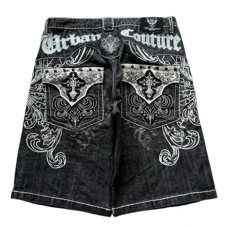 Gothic Embroidery Denim Shorts Mens Jean Shorts