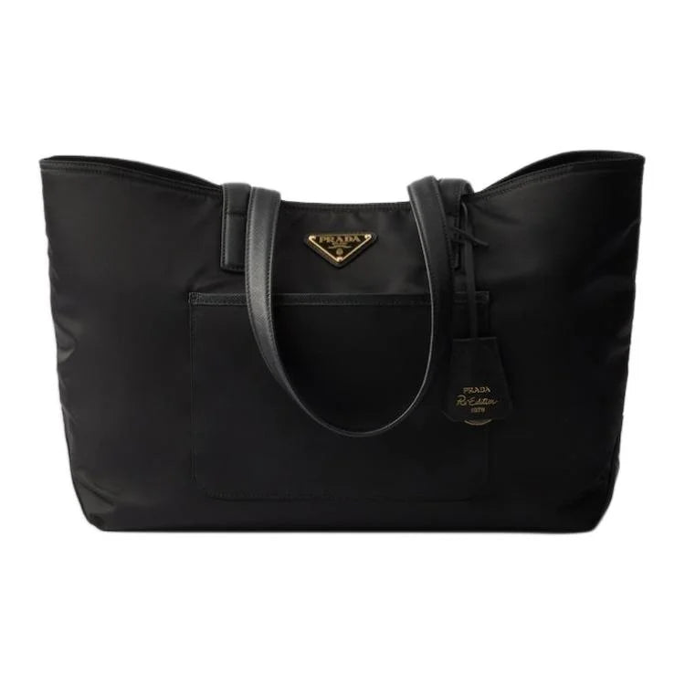 Black Prada tote bag on a white background