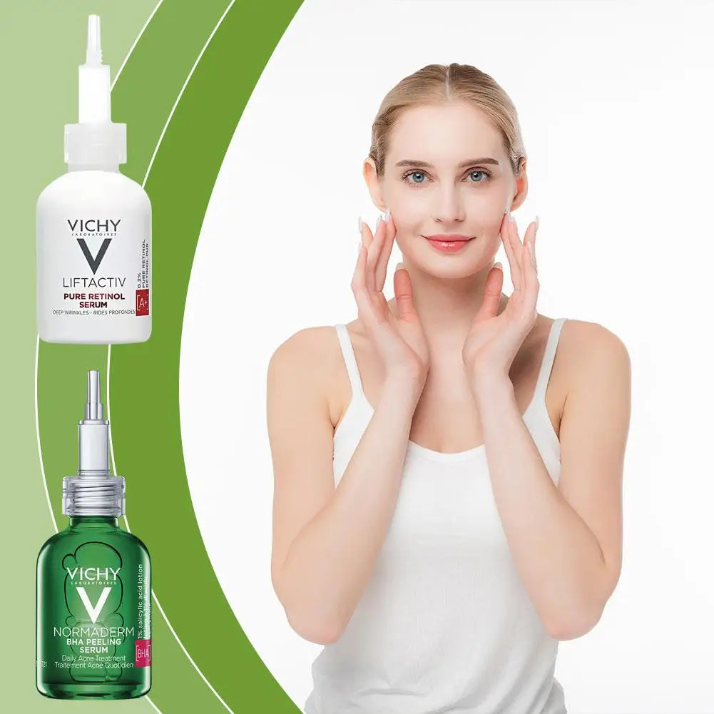 Vichy skincare products with a woman touching her face on a green and white background