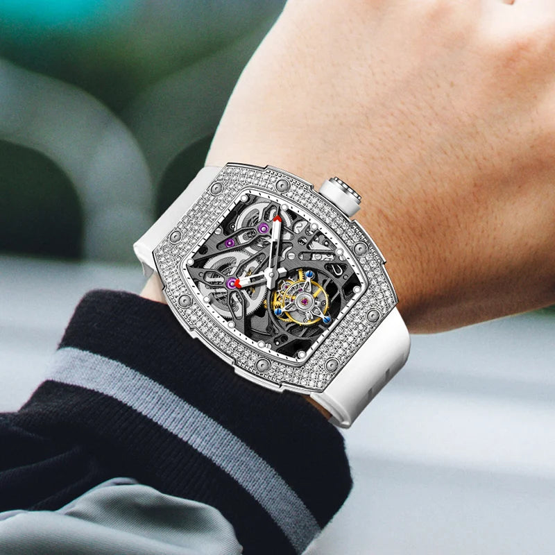 Haofa 1901 Skeleton Automatic Tourbillon Movement Watch For Men Luxury Diamond Case Mechanical Tourbillon Sapphire Mens Watch